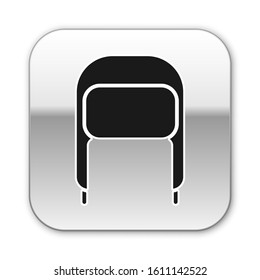 Black Winter hat with ear flaps icon isolated on white background. Silver square button. Vector Illustration