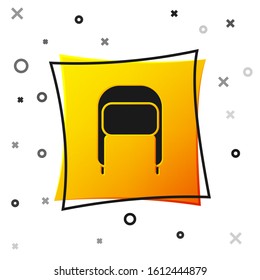 Black Winter hat with ear flaps icon isolated on white background. Yellow square button. Vector Illustration