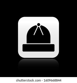 Black Winter hat icon isolated on black background. Silver square button. Vector Illustration