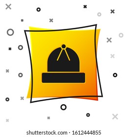 Black Winter hat icon isolated on white background. Yellow square button. Vector Illustration