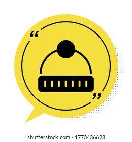 Black Winter hat icon isolated on white background. Yellow speech bubble symbol. Vector