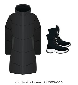 Black winter jacket and boots. vector illustration