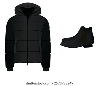 Black  winter jacket and boots. vector illustration