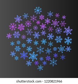 Black winter New Year background with colored snowflakes. Abstract pattern. Template for Christmas holiday events. Vector illustration, eps10.