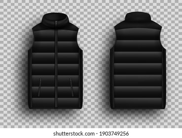 Black winter puffer vest, sleeveless jacket mockup set, vector illustration isolated on transparent background. Realistic warm waistcoat, down padded vest, front and back view.