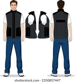 Black winter puffer vest, sleeveless jacket mockup set, vector illustration isolated on transparent background. Realistic warm waistcoat, down padded vest, front and back view polar fleece textile