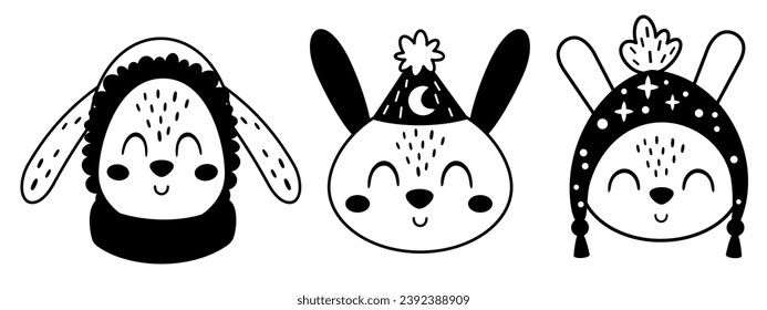 Schwarze Winterhasen Gesicht Clip Kunst in Cartoon-Flachstil. Cute-Bunny-Köpfe, Vektorgrafik
