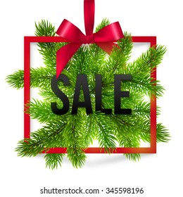 Black winter sale sign vector label with red ribbon and green fir tree branches