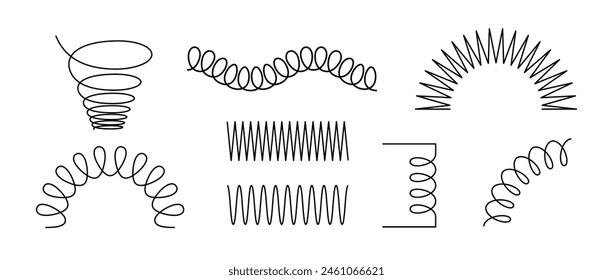 Black wire coil spring collection. Spiral spring set. Thin wire frames, zigzag lines, metal waves, flexible coils and arch element pack for graphic design templates, decor, border. Vector bundle