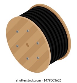 Black wire electric cable with wooden coil of electric cable isolated on white background isometric view.