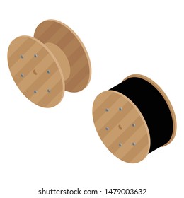 Black wire electric cable with wooden coil of electric cable and empty wooden coil isolated on white background isometric view.