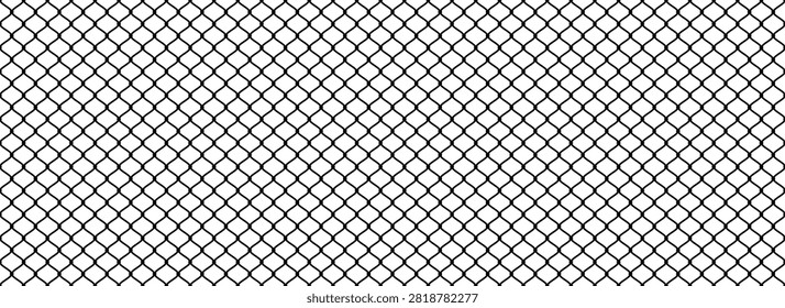 Black wire fence seamless pattern. Mesh net texture background. Lattice grid chain silhouette for barrier wall, safety zone, construction backdrop. Vector wide repeated metal henge enclosure wallpaper