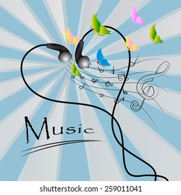 Black wire headphones earplugs with colored sound waves poster vector illustration