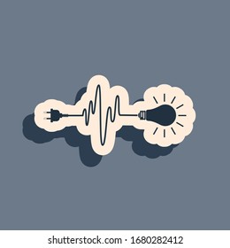 Black Wire plug and light bulb icon isolated on grey background. Plug, lamp and cord in the form of heartbeat. Concept of Electricity and lighting. Long shadow style. Vector Illustration