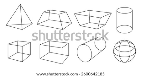 Black wireframe of cube, pyramid, sphere, rectangular parallelepiped, prism, cylinder. Vector illustration of hollow, empty, transparent geometric 3D shapes on white isolated background.