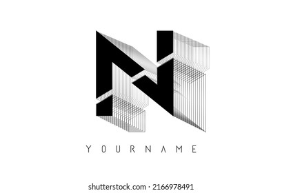 Diseño del logotipo del marco alambre negro N de la letra. Ilustración vectorial creativa con marco de contorno con cable y espejado. 