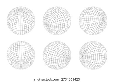 Black wireframe sphere collection with grid variations. Abstract geometric grid line art ball design.