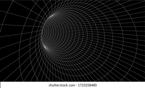 Black wireframe vector tunnel. 3d wormhole dark illustration.