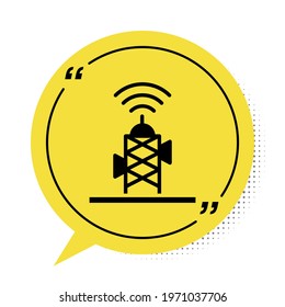 Black Wireless antenna icon isolated on white background. Technology and network signal radio antenna. Yellow speech bubble symbol. Vector