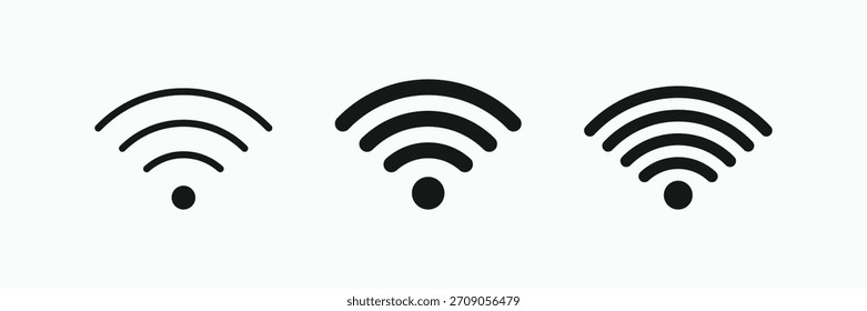 Conjunto de iconos de conexión inalámbrica negra que muestra indicadores de intensidad de señal WiFi completos, Medianos y bajos para varias interfaces digitales
