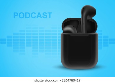 Black wireless earphones on blue background. Online music, radio, listening to podcasts, audio books - concept. EPS10 vector