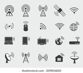  Black wireless icons. Set  icons for wifi control access and radio communication.