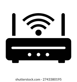 Black wireless router with antennas emitting signal waves for internet connectivity