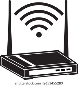 Ícone preto de roteador wireless com antenas e ondas de sinal wifi isoladas no plano de fundo transparente