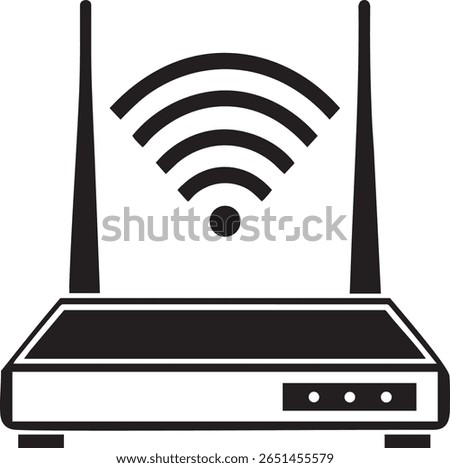 Black wireless router with two antennas and wifi signal icon isolated on transparent background