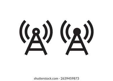 Black wireless signal icons on white background with radio waves and antennas.