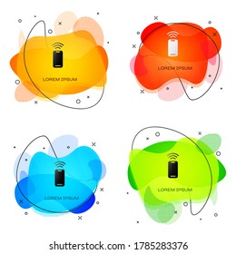 Icono de smartphone inalámbrico negro aislado en fondo blanco. Pancarta abstracta con formas líquidas. Vector
