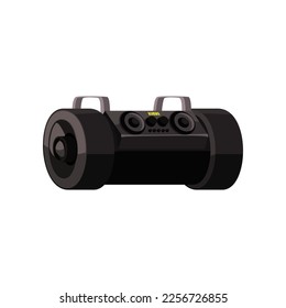 Ilustración vectorial del altavoz inalámbrico o grabadora de cinta negro. Dibujo de dibujos animados de altavoces de audio o reproductor de cinta aislados en fondo blanco. Música, entretenimiento, concepto multimedia