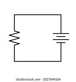 Los cables negros se formaron en un simple diagrama de circuitos con una resistencia a la izquierda y una batería a la derecha. Fondo blanco.