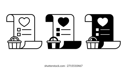 Paquete negro del icono del corazón de la lista de deseos que representa los productos guardados y las preferencias del usuario.