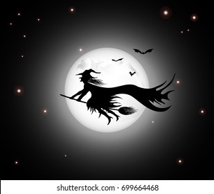 black witch with bats flying on broom over the moon night sky background