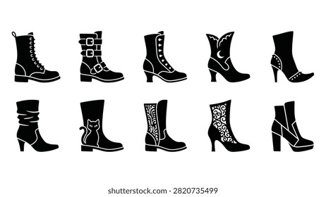 Black witch boots vector illustration set, perfect for Halloween, costume parties, or gothic fashion designs. Collection features various wizard and magical boot silhouettes, ideal for seasonal decor, graphic elements, and spooky holiday themes.