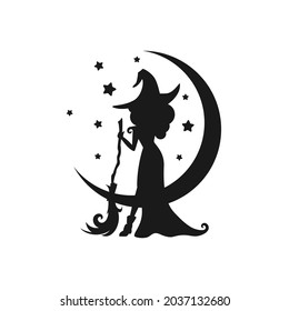 Bruja negra con escoba y media luna en el cielo nocturno. Media luna y estrellas y atormentarse en eso. Magia, fantasía. Diseño plano. Ilustración vectorial. Símbolo nocturno de Halloween. Logo de Fairytale aislado en blanco.