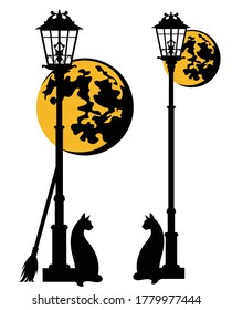 black witch cat with broom sitting under street light with full moon - spooky halloween decor vector set