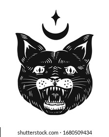 Black witch cat. Evil scary mystical animal. Halloween vector illustration. Hand drawn engraved doodle sketch for tattoo or t-shirt and banner.