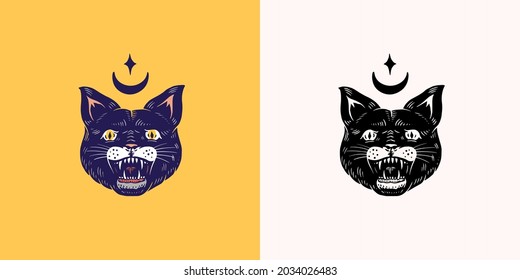 Black witch cat. Evil scary mystical animal. Halloween vector illustration. Hand drawn engraved doodle sketch for tattoo or t-shirt and banner.