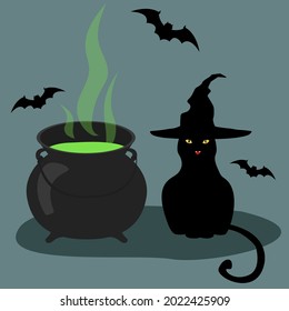 Black witch cat in a hat is smiling and sitting next to a big black cauldron with green potion
