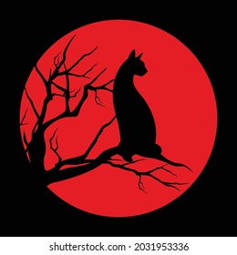 black witch cat sitting on bare tree branch against red full moon - halloween theme vector character design