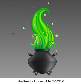 Black Witch Cauldron with Green Potion and Little Spider Web, Halloween, Isolated Object, Hand Drawn Realistic Vector 3D Illustration