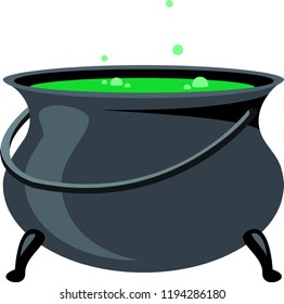 Black witch cauldron with green potion. Halloween icon. Objects isolated on a white background. Vector illustration.

