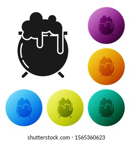 Black Witch cauldron icon isolated on white background. Happy Saint Patricks day. Set icons colorful circle buttons. Vector Illustration