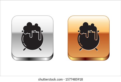 Black Witch cauldron icon isolated on white background. Happy Saint Patricks day. Silver-gold square button. Vector Illustration