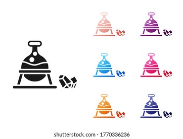 Caldera de bruja negra e icono de piedra mágica aislado en fondo blanco. Indique los iconos en colores. Ilustración vectorial