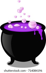 Black witch cauldron with pink boiling potion with bubbles isolated on white background. Halloween vector illustration, clip art, icon, sign, witch symbol. Design element for greeting card, invitation