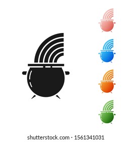 Black Witch cauldron and rainbow icon isolated on white background. Happy Saint Patricks day. Set icons colorful. Vector Illustration