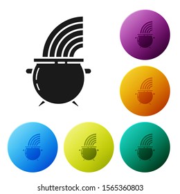 Black Witch cauldron and rainbow icon isolated on white background. Happy Saint Patricks day. Set icons colorful circle buttons. Vector Illustration